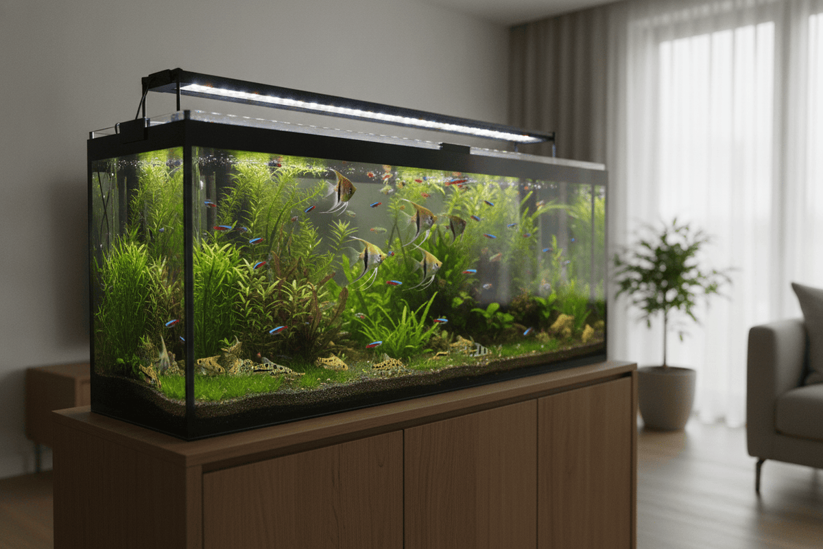 Large freshwater tank with vibrant plants and fish illuminated by a 72 inch aquarium light for healthy aquatic life