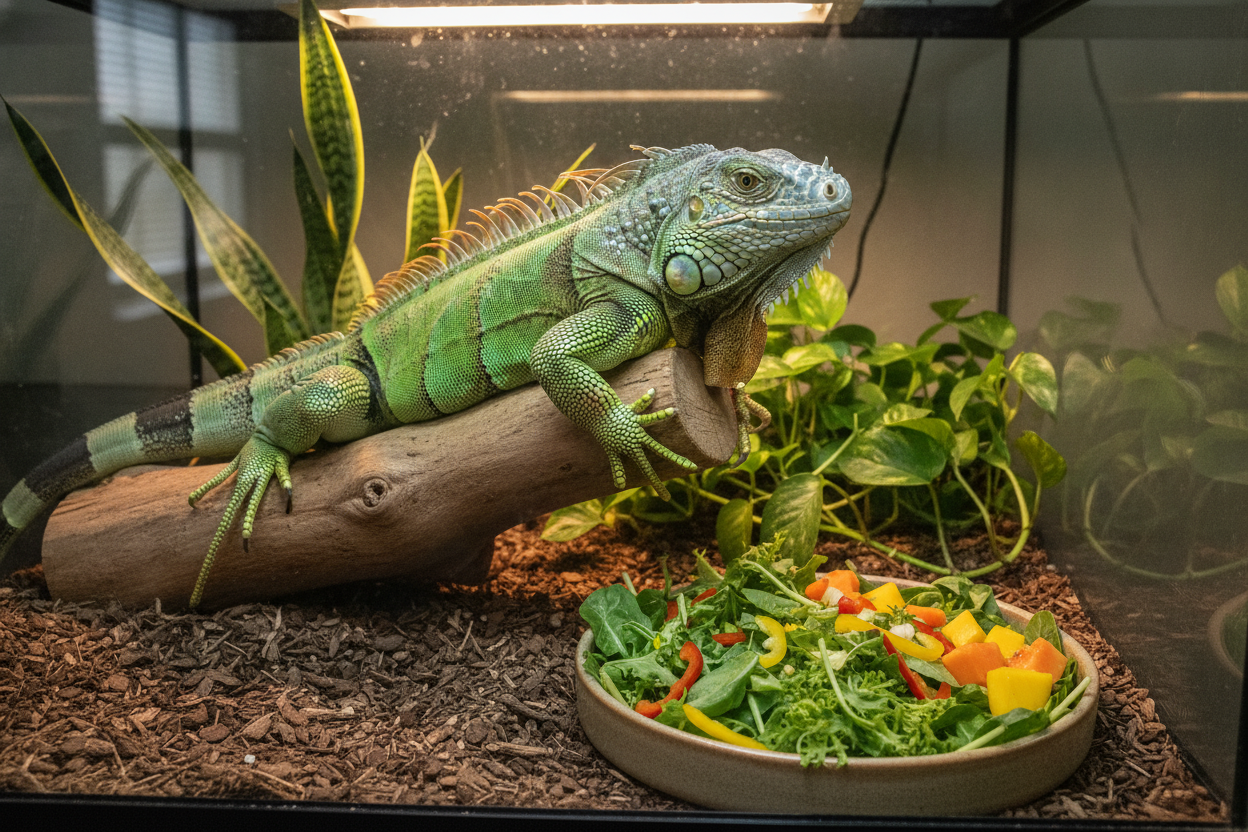 Adult iguana diet featuring fresh greens, vegetables, and fruits in a naturalistic reptile habitat