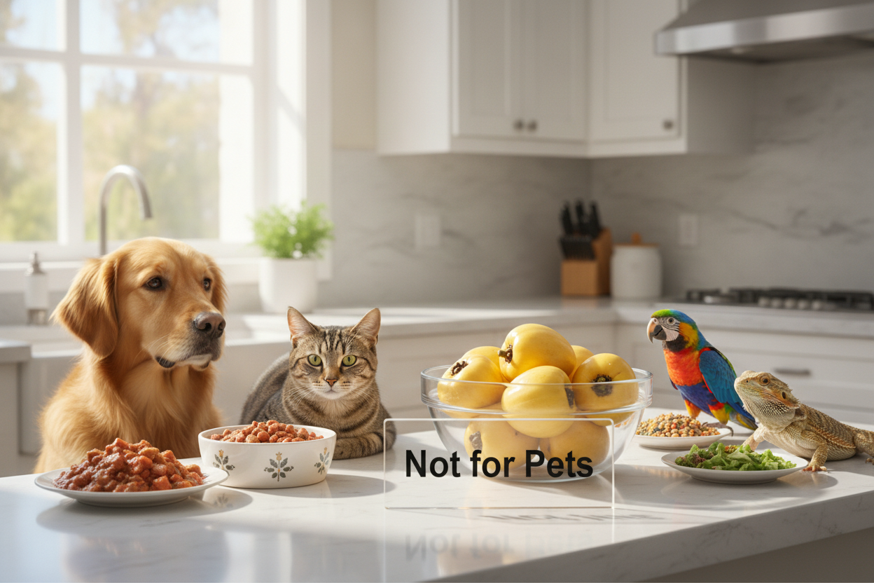 Akee fruit labeled not for pets with dog, cat, bird, and reptile near their safe pet food options