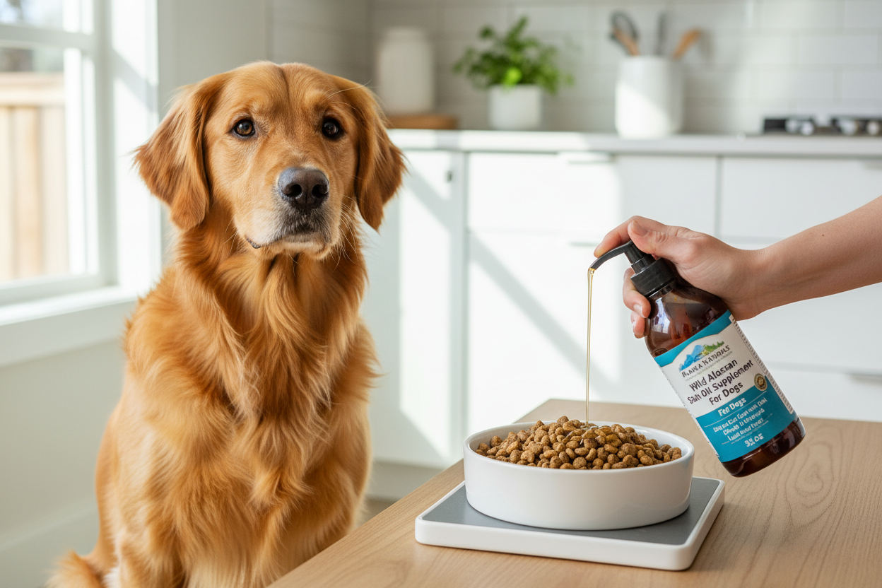 Golden retriever with a bowl of kibble topped with Alaska Naturals wild Alaskan salmon fish oil supplement for dogs