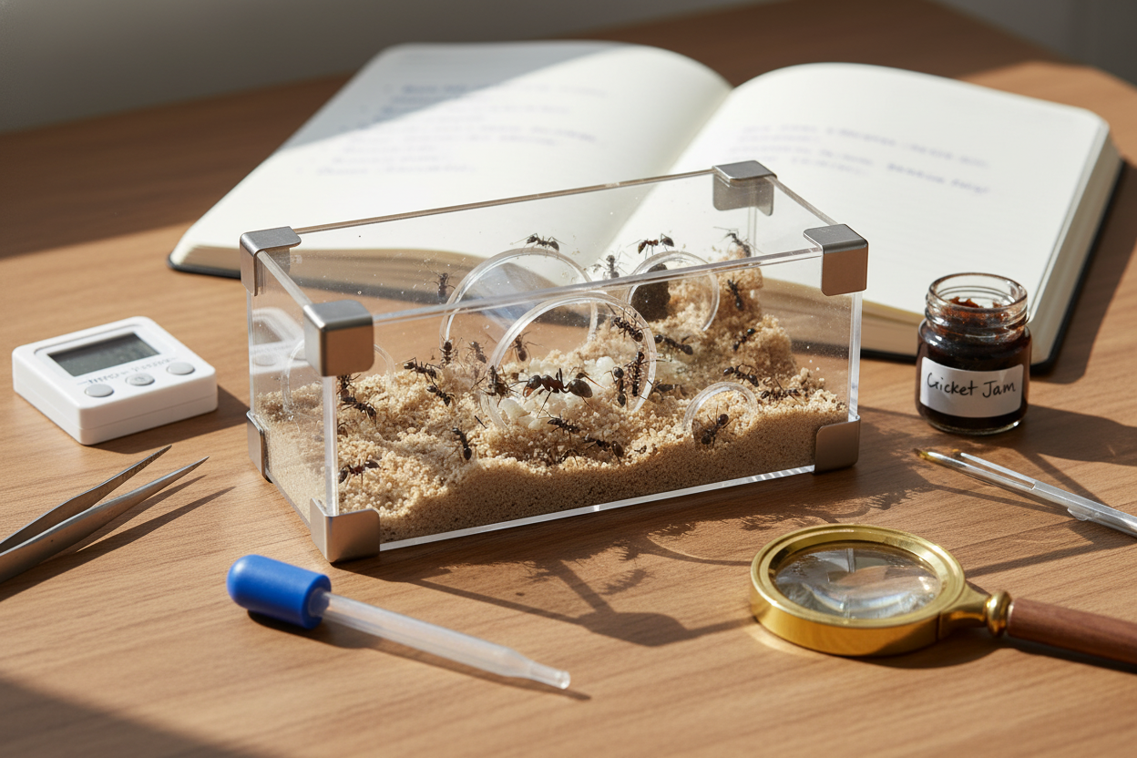 Starter ant farm setup on a desk with tools and notes, perfect for ant keeping for beginners