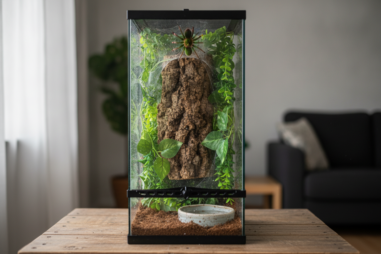 Vertical glass arboreal tarantula enclosures with natural plants and climbing features for healthy spider habitats