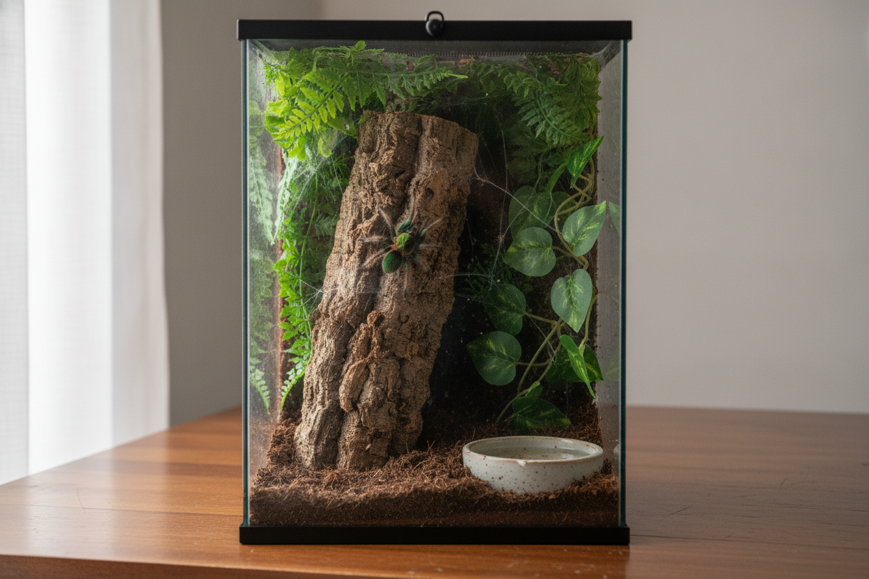 Naturalistic arboreal tarantula enclosures with climbing branches and lush plants for healthy spider habitats