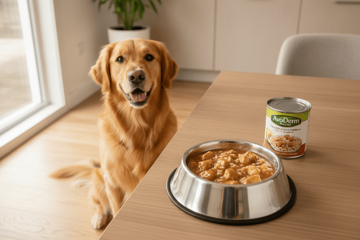 Golden retriever waiting to enjoy avoderm chicken and rice wet dog food in a stainless bowl