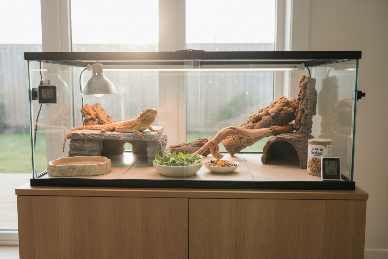 Bearded dragon starter kit with habitat essentials, basking lamp, food bowls, and natural decor for beginners