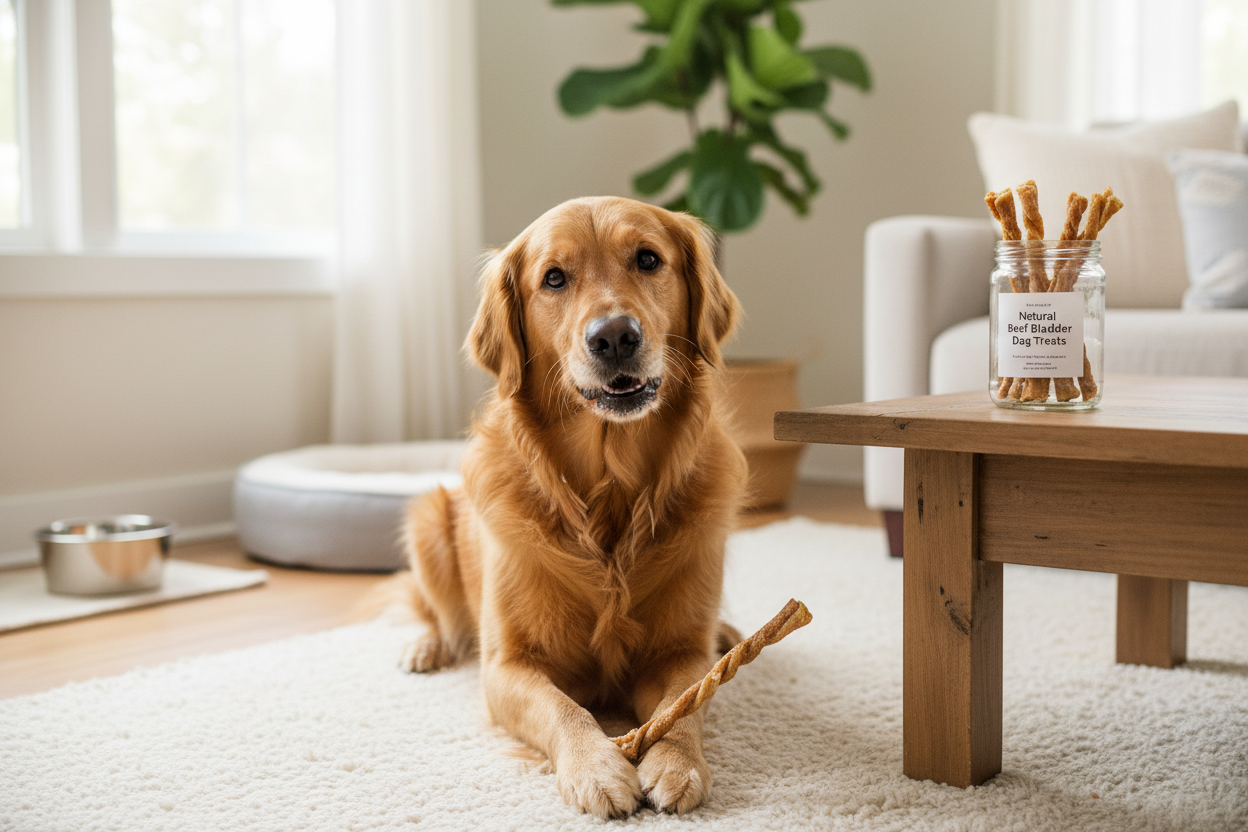 Golden retriever enjoying beef bladder dog treats in a cozy living room, perfect for healthy pet snacking