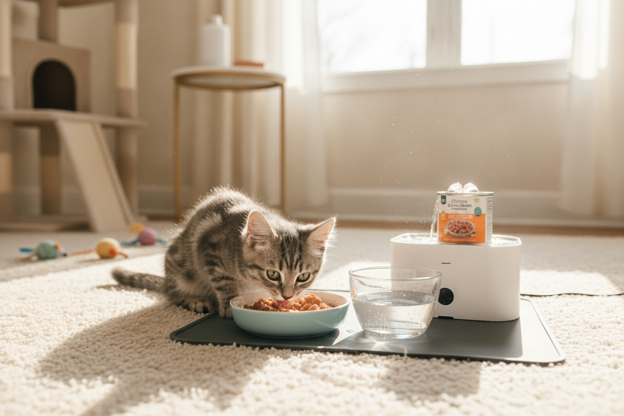 Playful kitten enjoying best kitten wet food for indoor cats with fresh water in a cozy home setting
