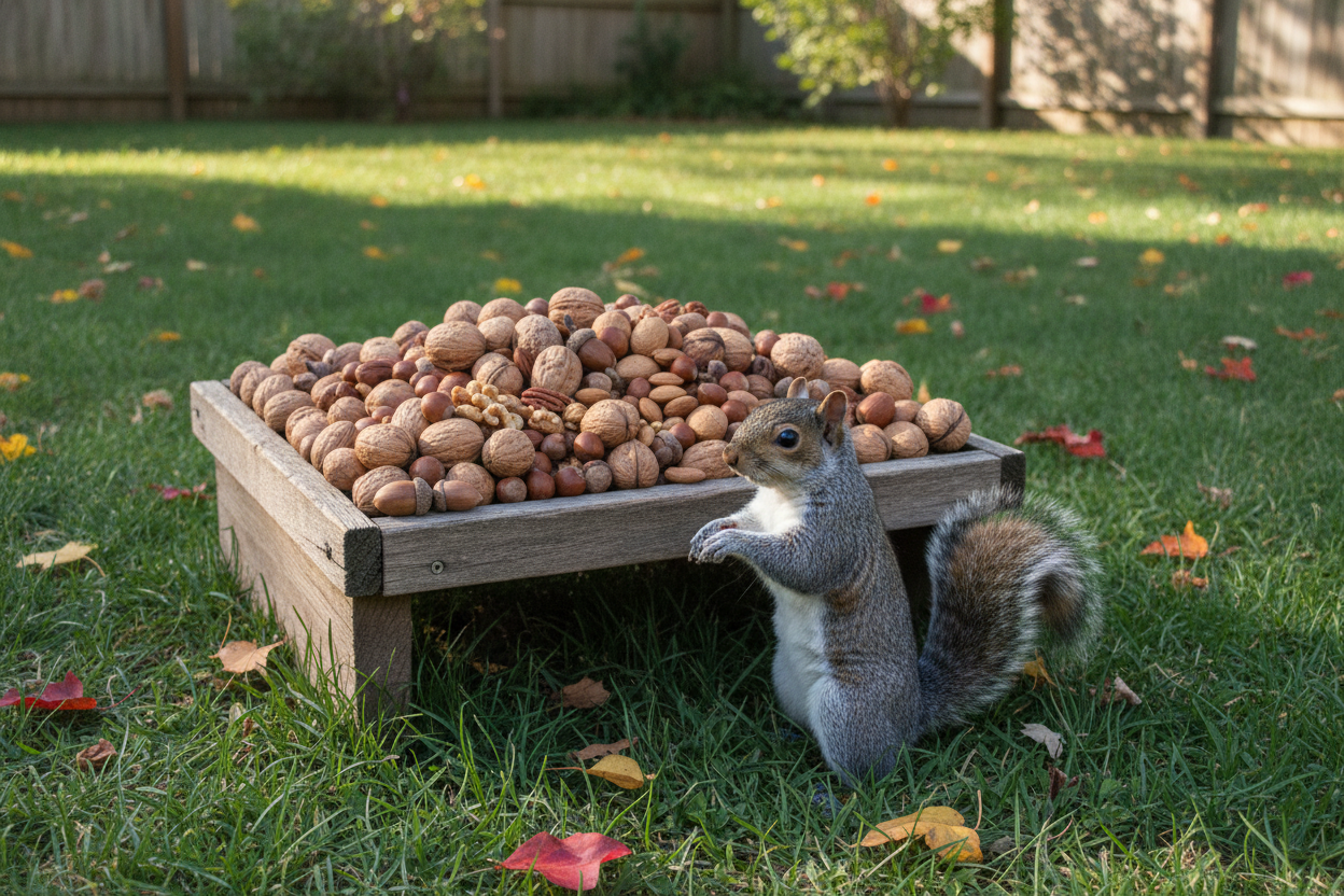 Squirrel enjoying the best nut mix for squirrels on a wooden feeder in a backyard setting