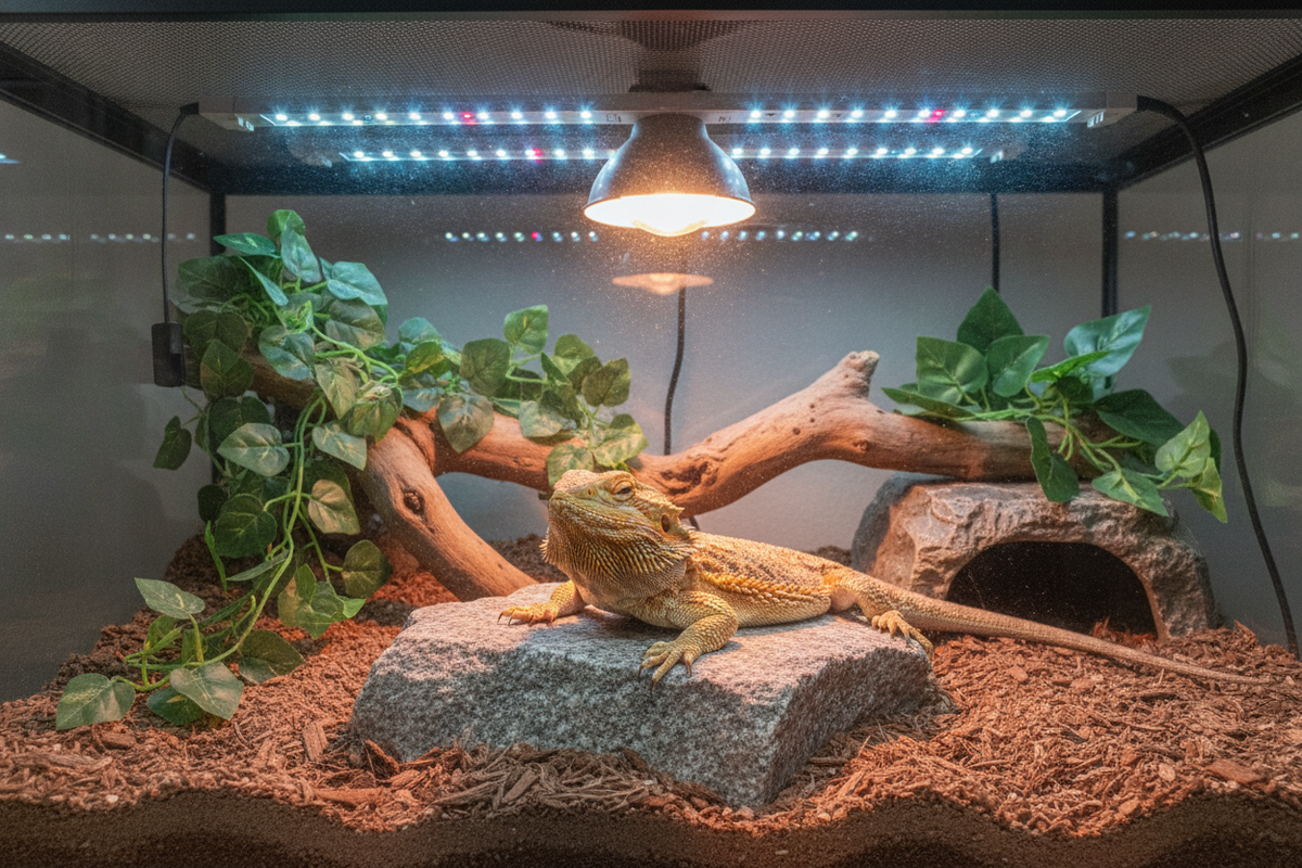 Bearded dragon basking under a reptile light in a terrarium, showing how to replace a light switch safely