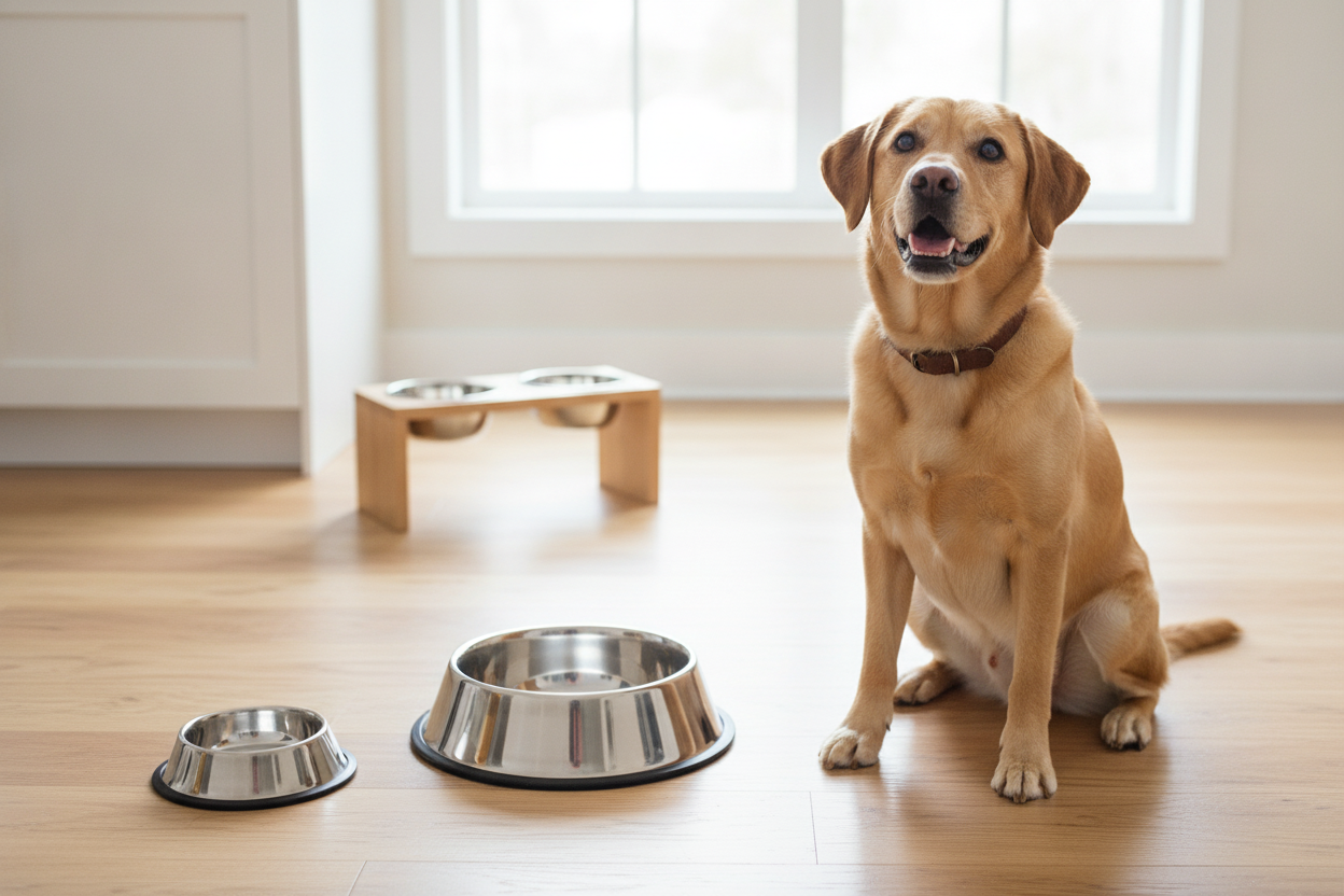 Happy dog sitting beside stainless steel dog bowl, ideal for wet dog food and healthy feeding routines