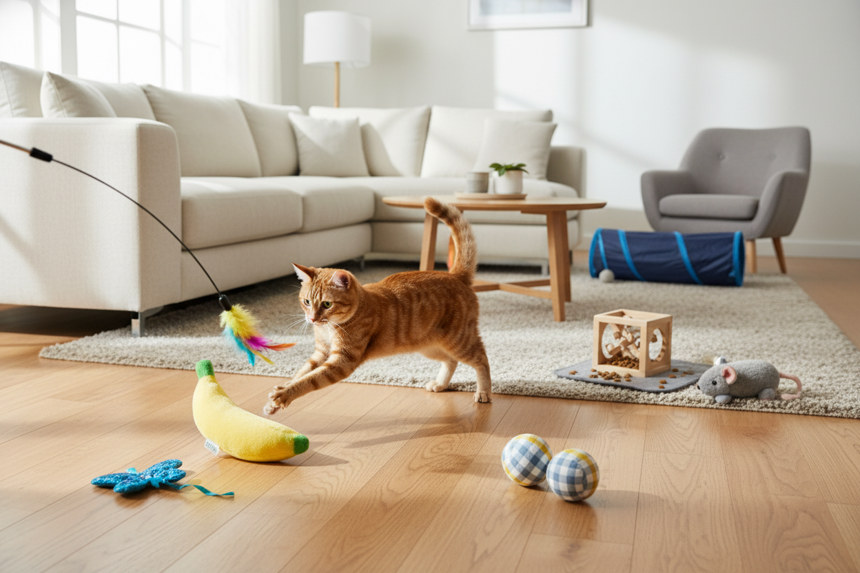 Playful ginger cat enjoying the best toys for indoor cats in a cozy living room setting