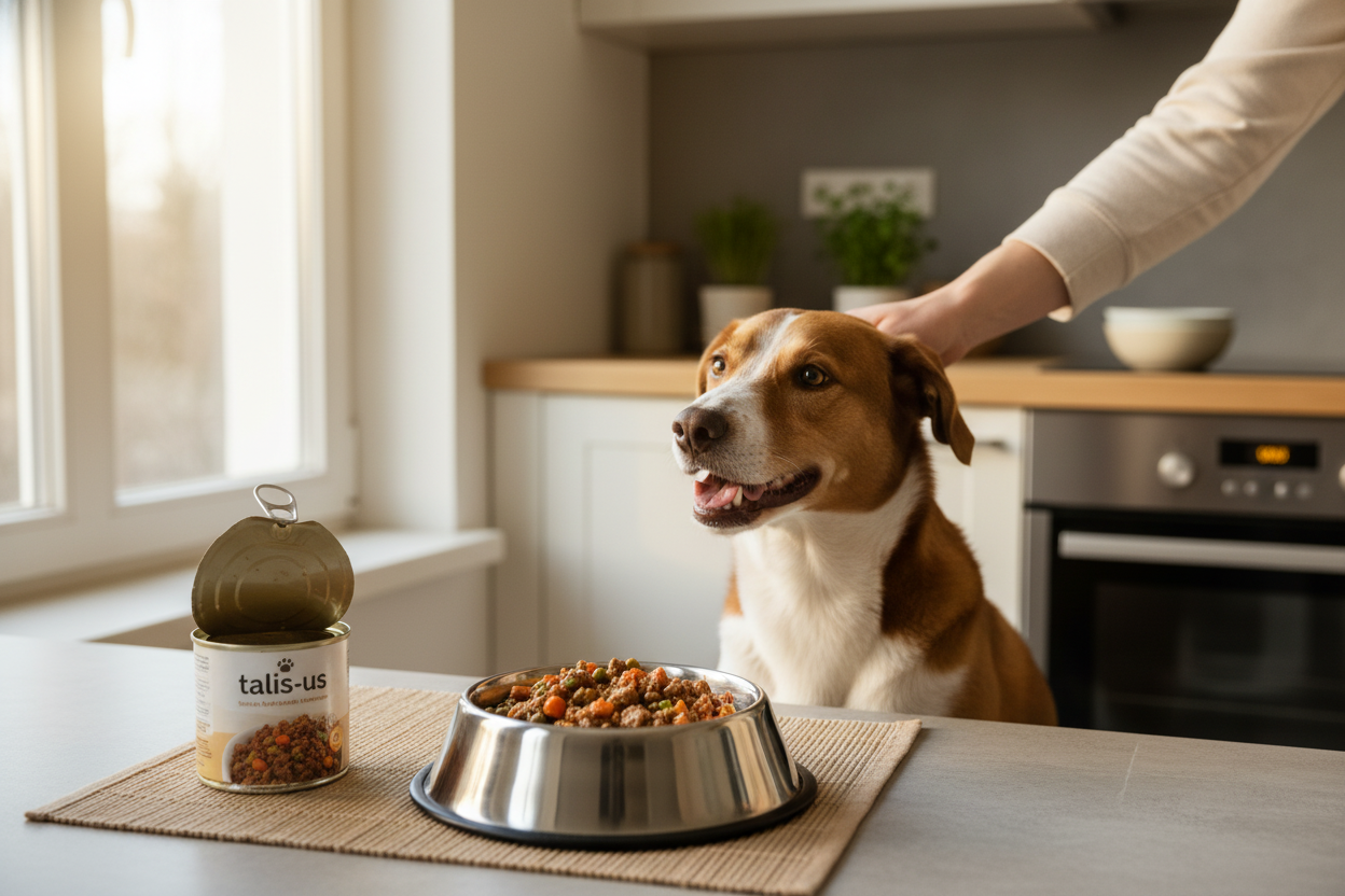 Happy dog enjoys talis-us wet dog food in a modern kitchen, showcasing premium pet nutrition options