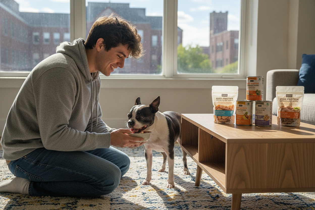 Boston university student feeding dog healthy treats in a sunny apartment near campus