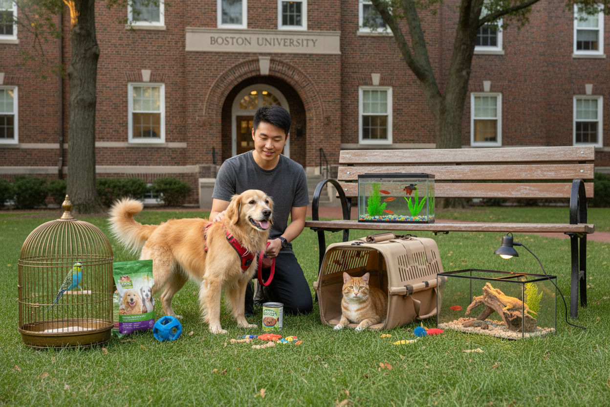 Pets and supplies like wet dog food and cat treats on Boston University campus lawn