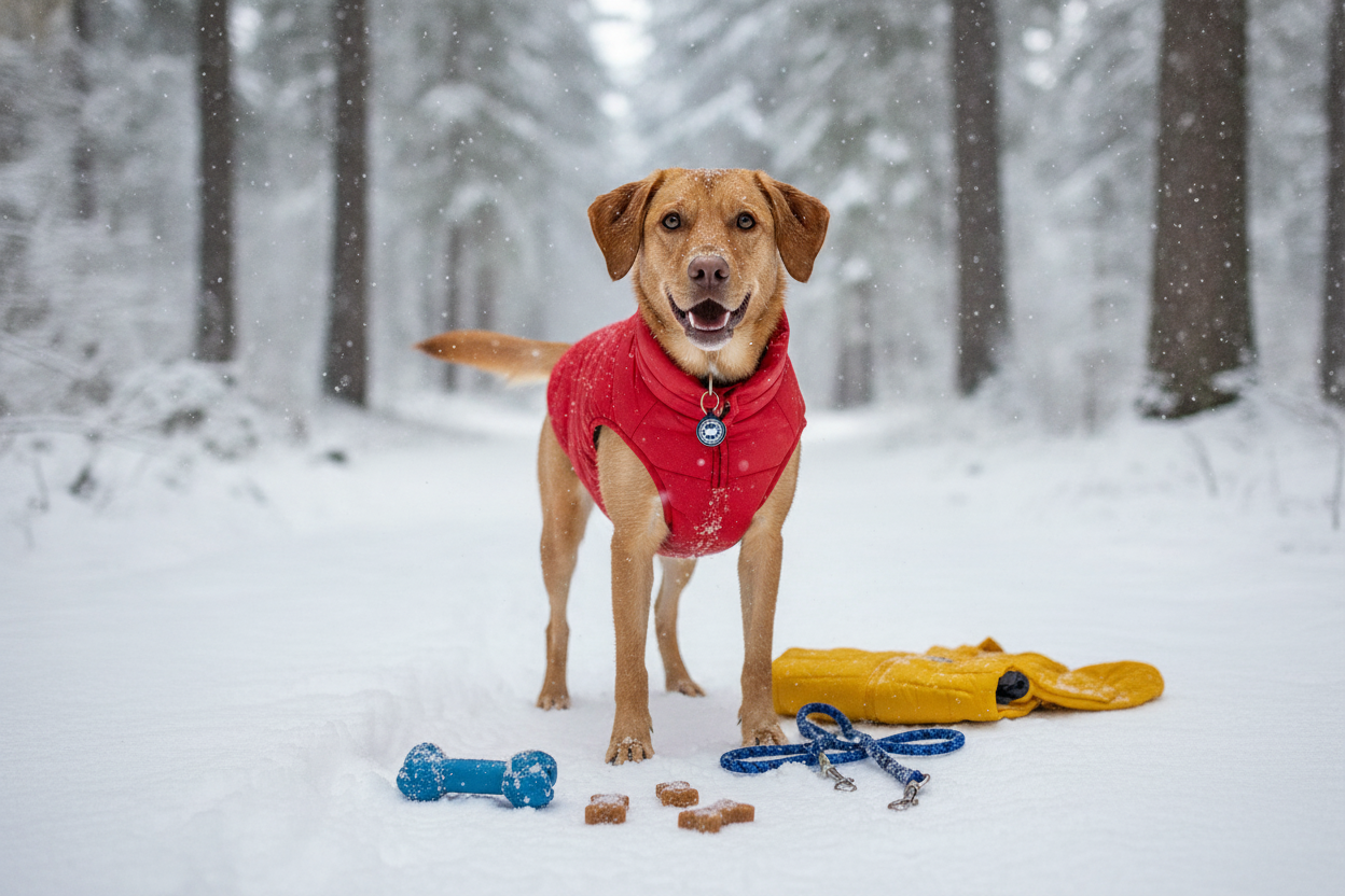 Canada pooch enjoying winter with treats, toys, and gear for outdoor pet adventures