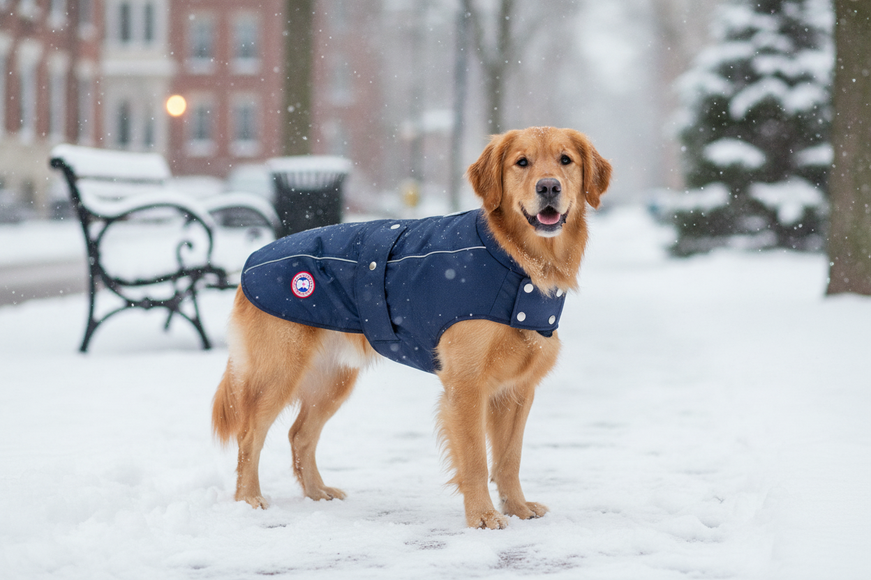 Golden retriever wearing a canada pooch winter coat stands in a snowy park for pet care inspiration