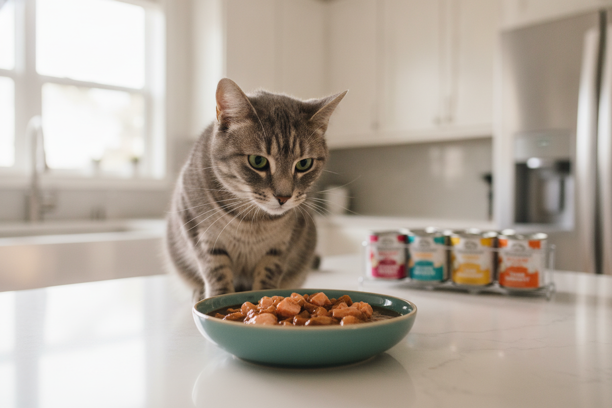 Curious cat inspecting cat food for very picky eaters in a modern kitchen setting