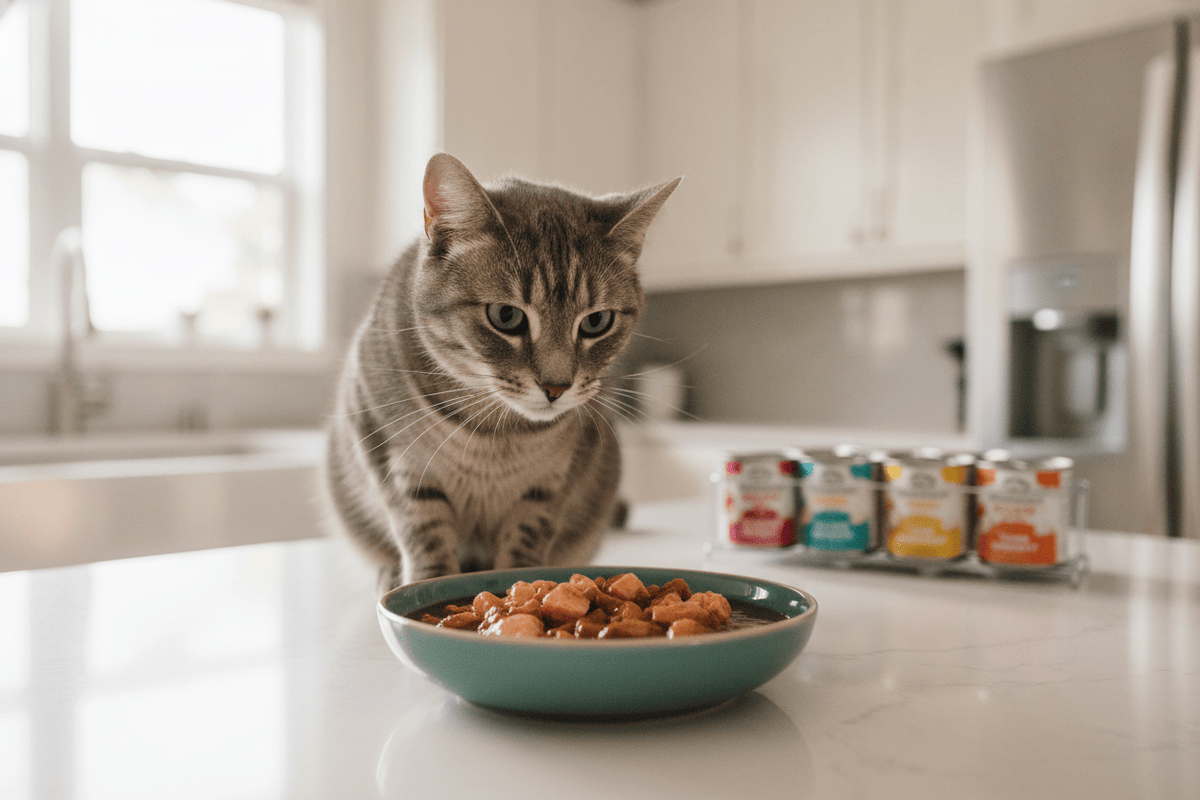 Curious cat inspecting cat food for very picky eaters in a modern kitchen setting