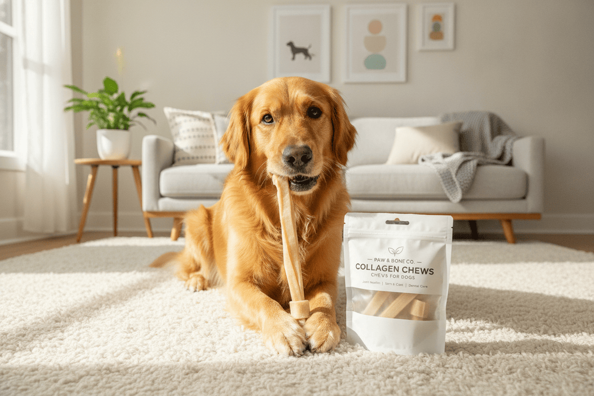 Golden retriever enjoying collagen chews for dogs in a cozy living room setting for healthy treats