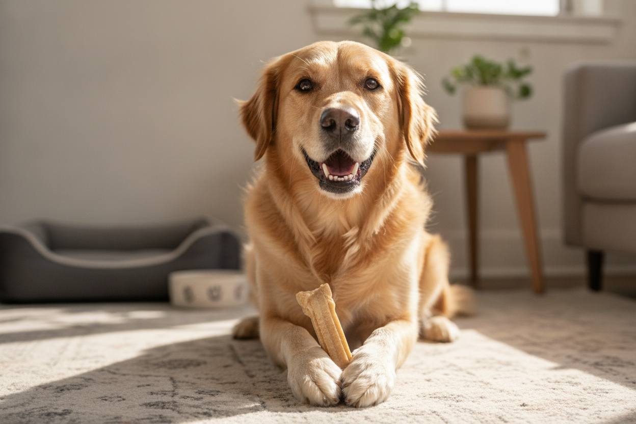 Golden retriever enjoying collagen dental chews for dogs in a cozy home setting for healthy smiles