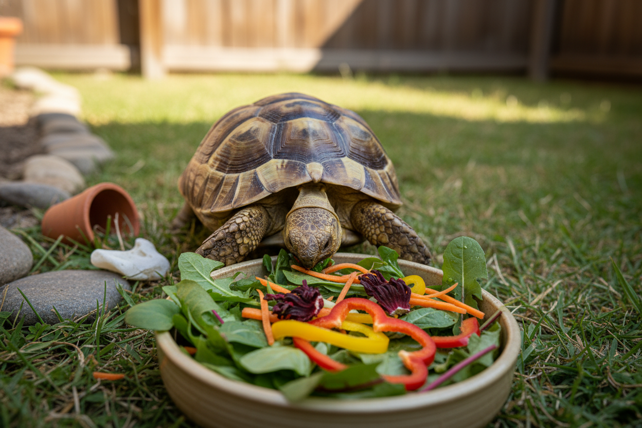 Tortoise enjoying fresh vegetables in a garden bowl highlighting complete tortoise nutrition essentials