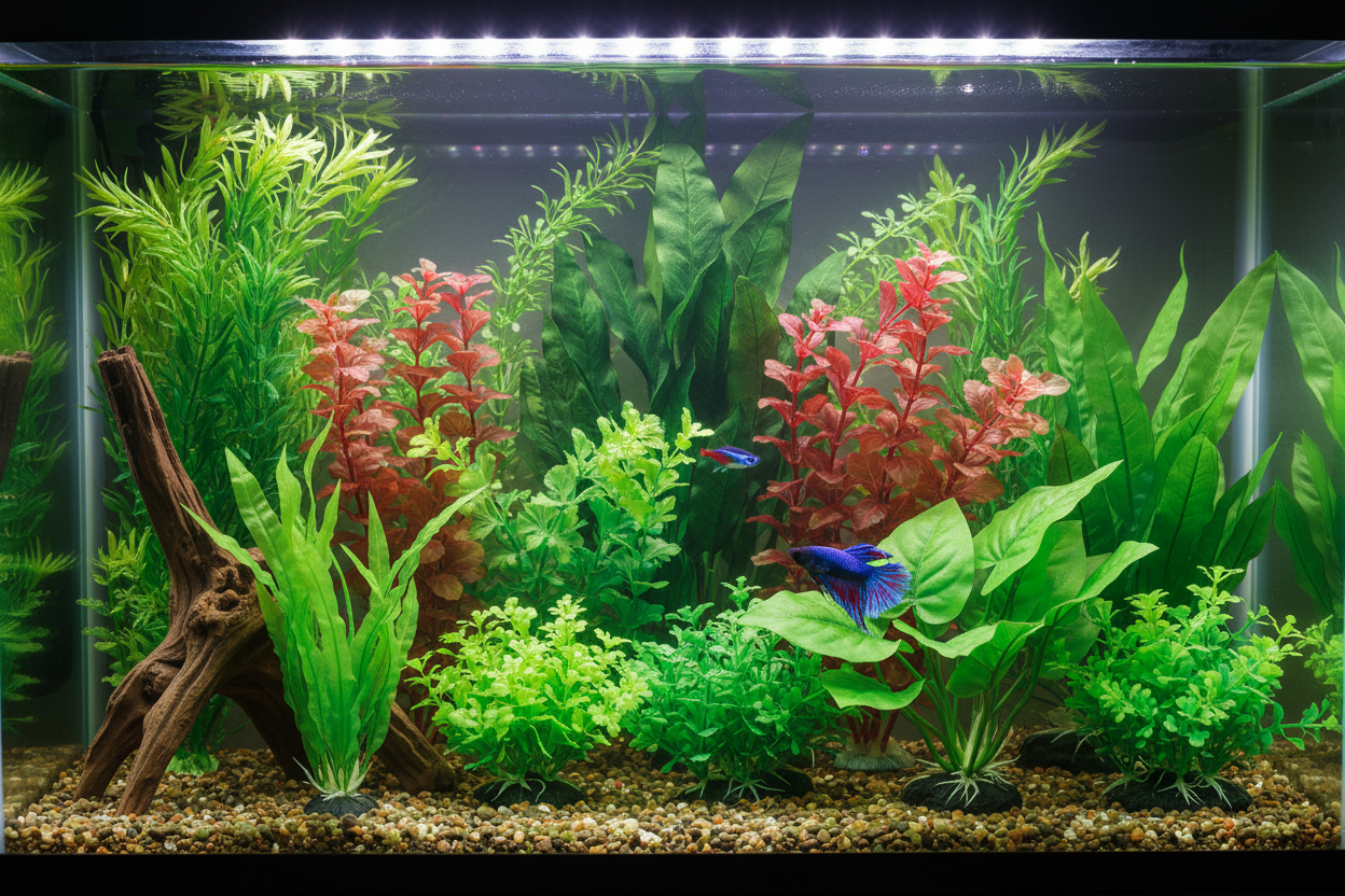 Colorful aquarium with artificial aquarium plants creating a vibrant, low-maintenance aquatic habitat for fish