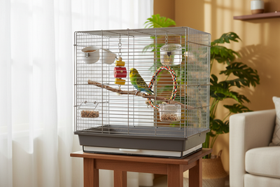 Small bird cage setup with perches, toys, and food dishes for a comfortable pet bird environment