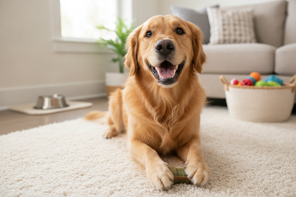 Happy dog enjoying dental chews benefits for cleaner teeth and better oral health at home