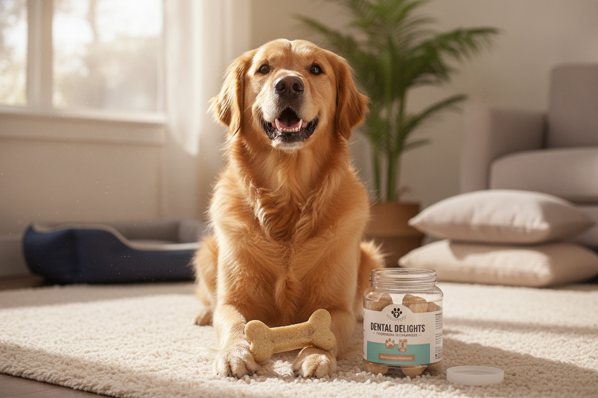 Happy dog enjoying dental chews benefits for healthier teeth and fresher breath at home