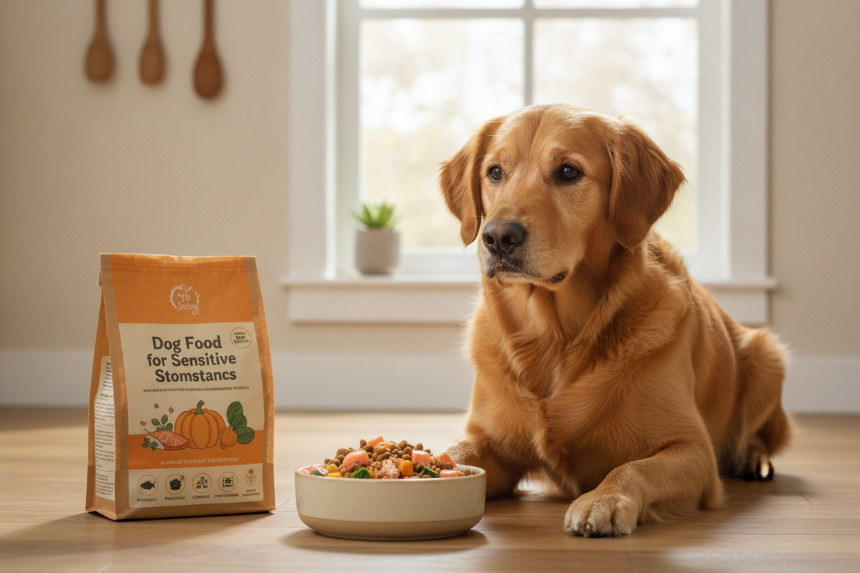 Golden retriever with a bowl of dog food for sensitive stomachs, promoting gentle nutrition for pets