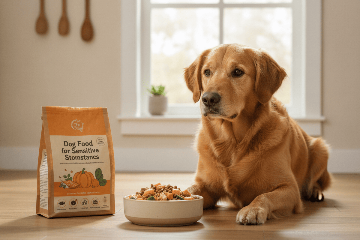 Golden retriever with a bowl of dog food for sensitive stomachs, promoting gentle nutrition for pets