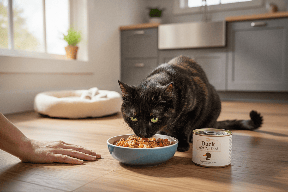Cat enjoying duck wet cat food in a cozy kitchen setting for healthy mealtime inspiration