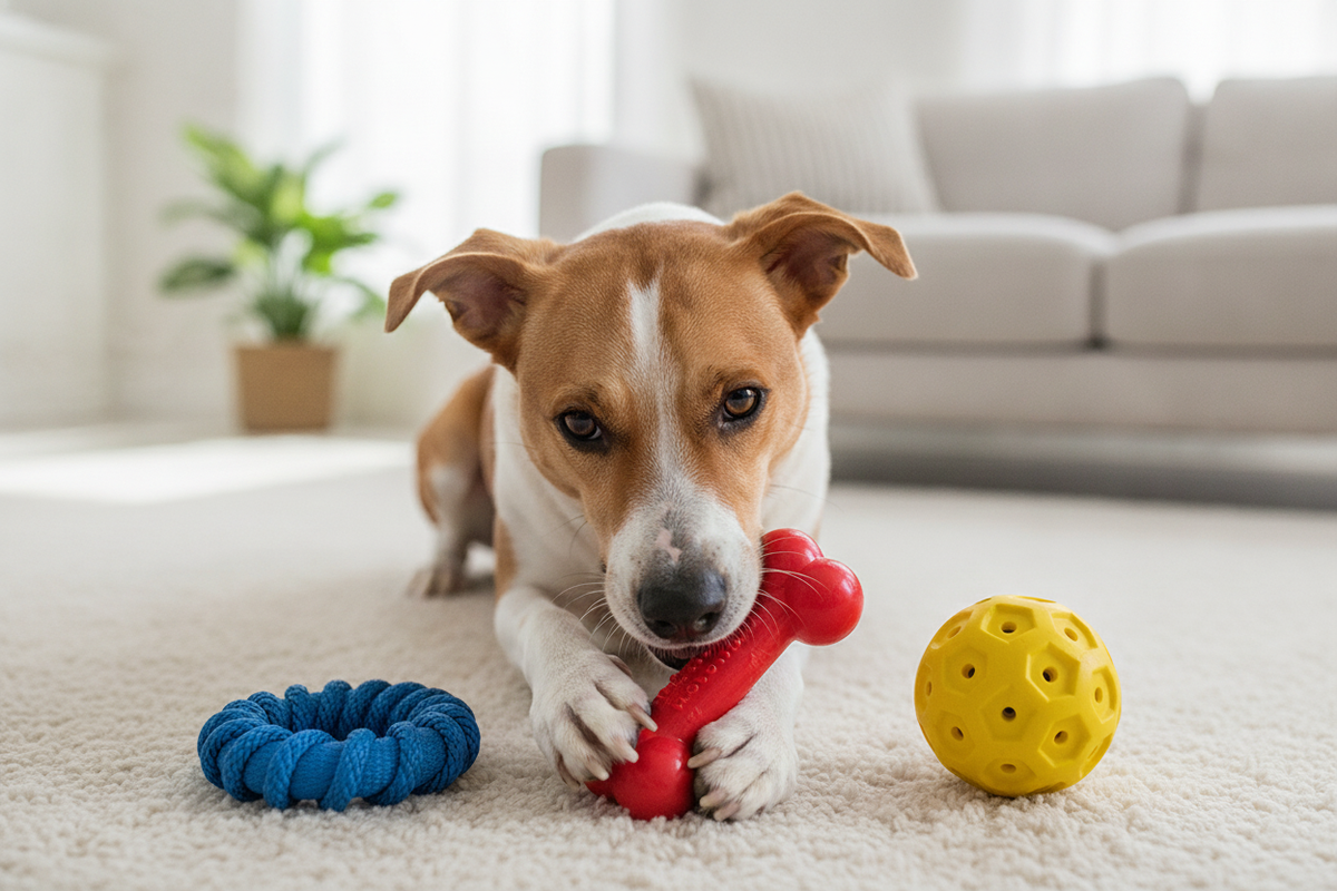 Playful dog enjoying durable squeaky dog toys for long-lasting fun and active playtime