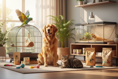 Happy pets with talis us food, treats, and toys for dogs, cats, birds, and reptiles in a cozy home