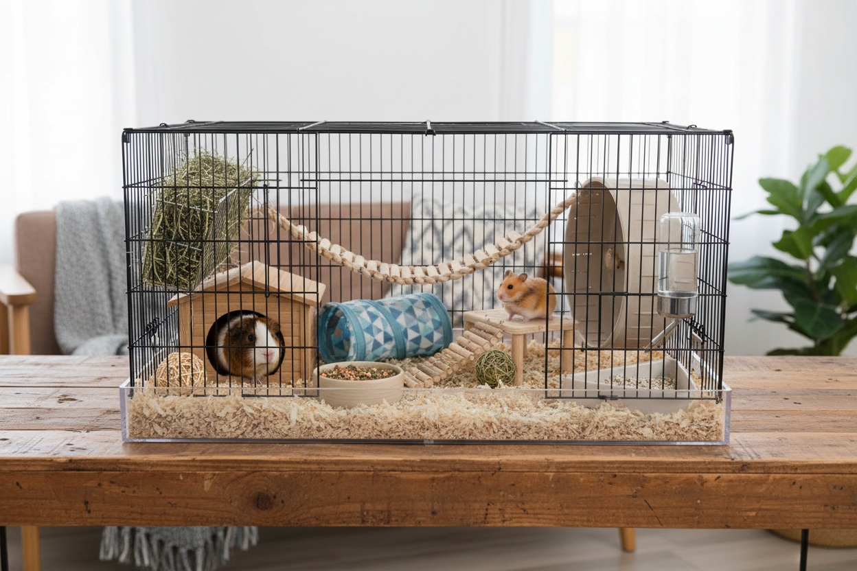 Small animal cage accessories including tunnels, hideouts, and toys for happy pets