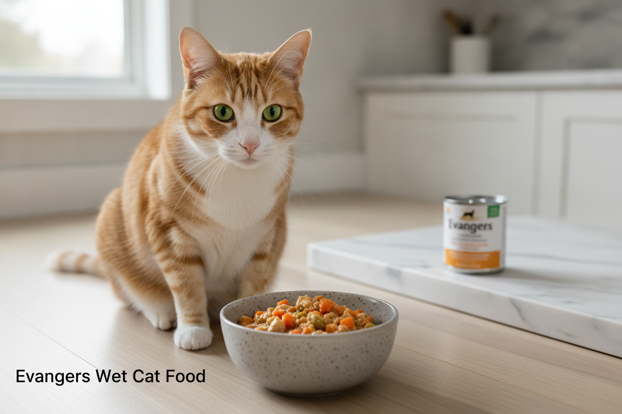 Orange tabby cat enjoying a bowl of Evangers wet cat food in a modern kitchen setting