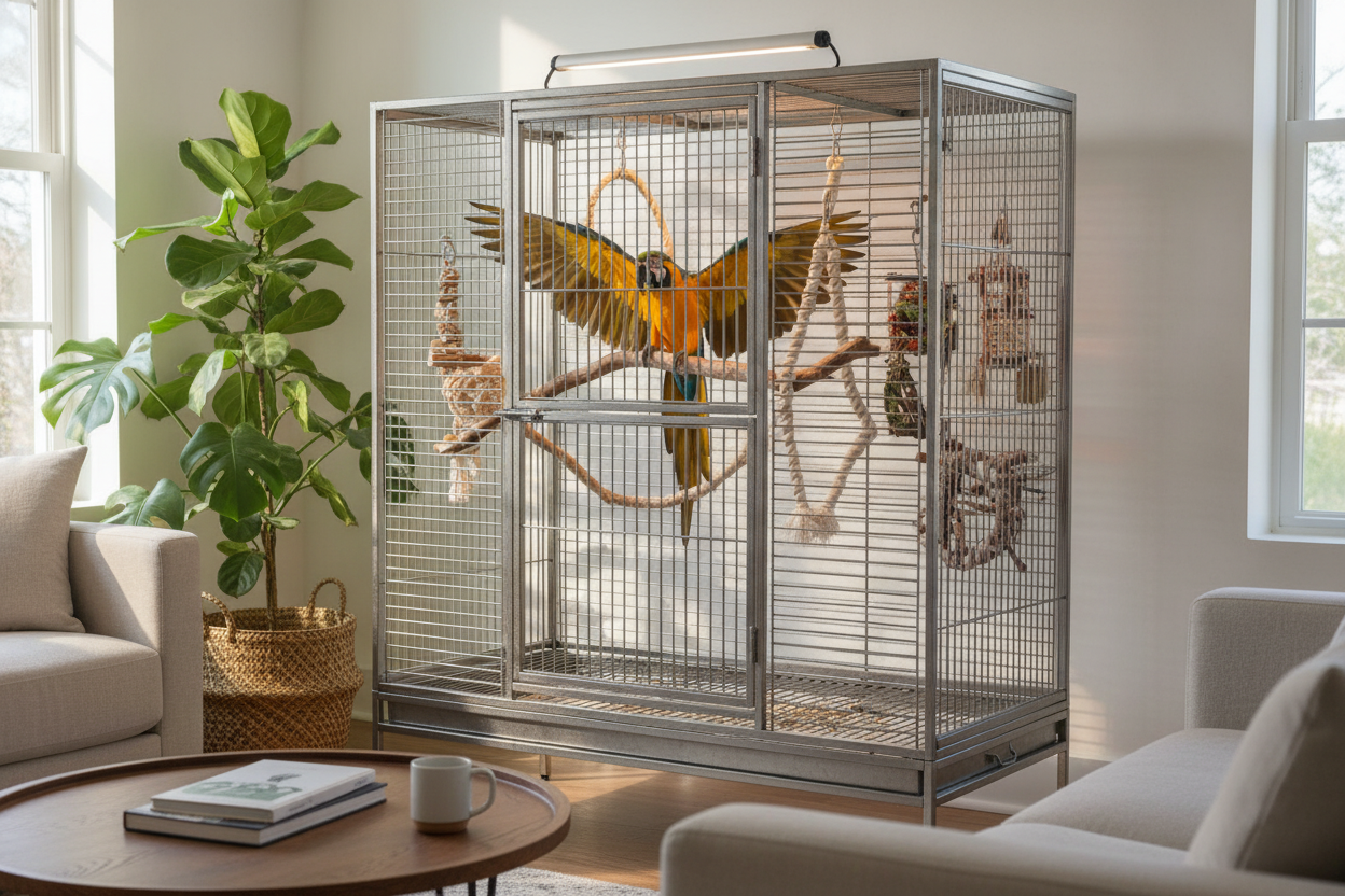 Spacious extra large bird cage for parrots with perches and toys in a bright living room