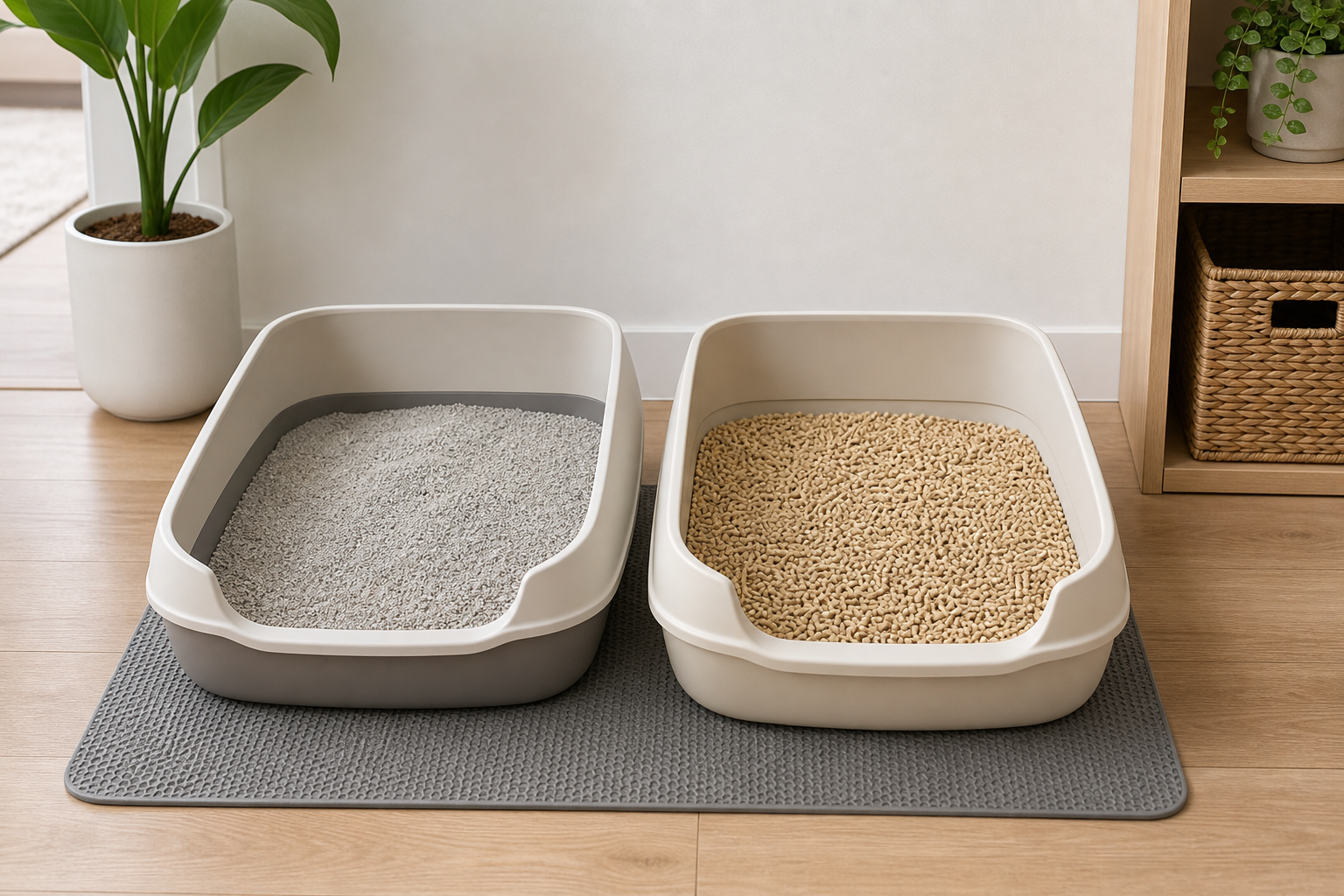 Two clean litter boxes with different cat litter types in a home setting.