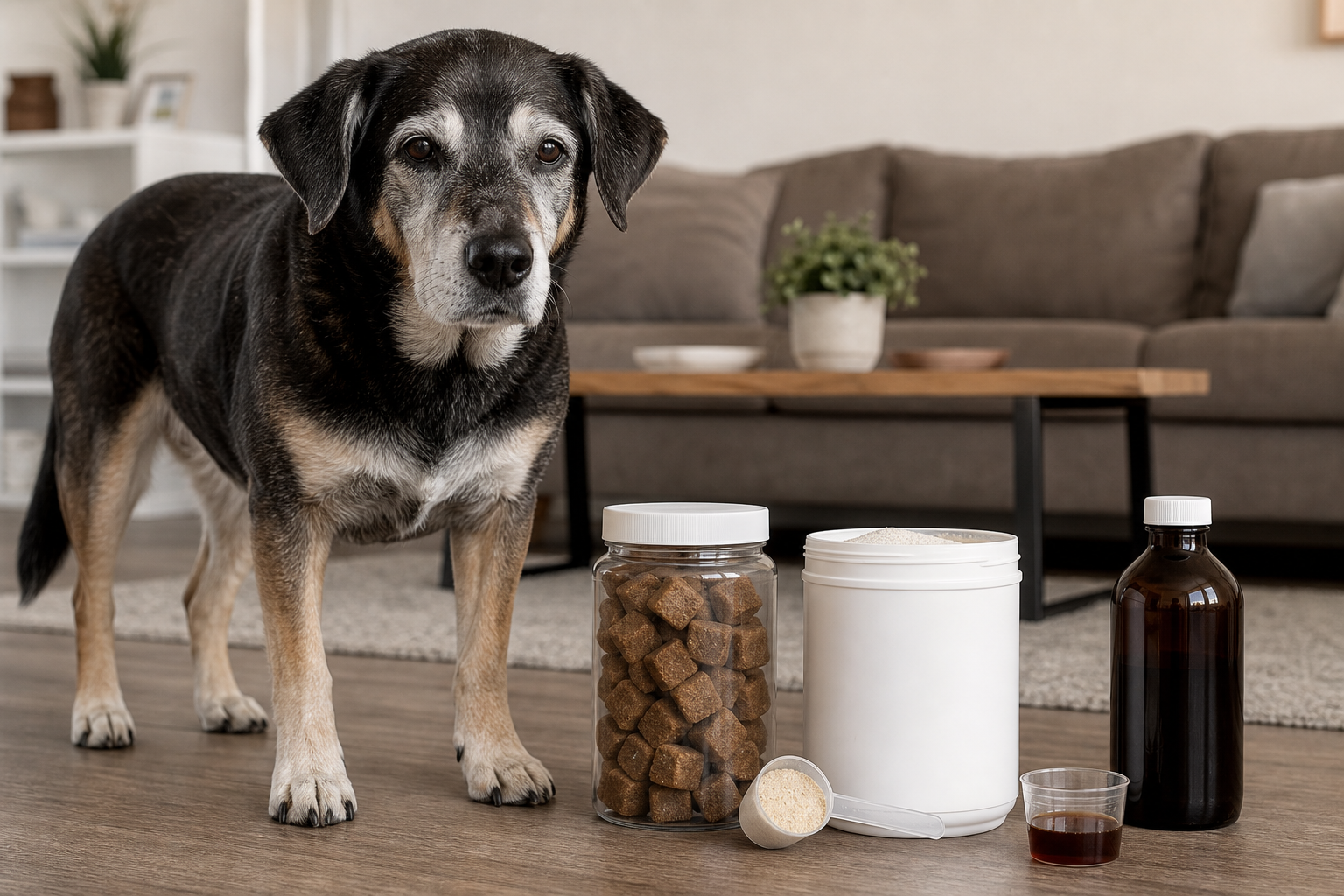Senior dog standing on a floor next to chew, powder, and liquid joint supplements