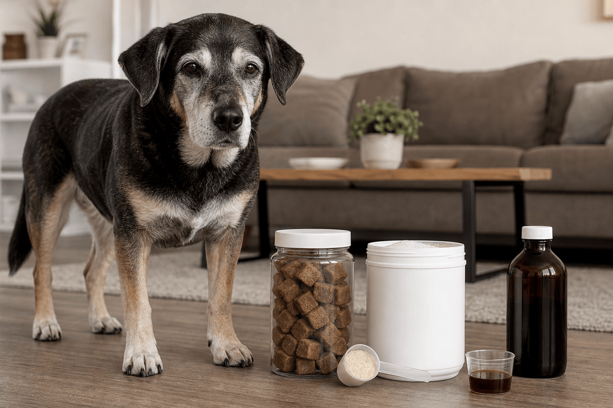 Senior dog standing on a floor next to chew, powder, and liquid joint supplements