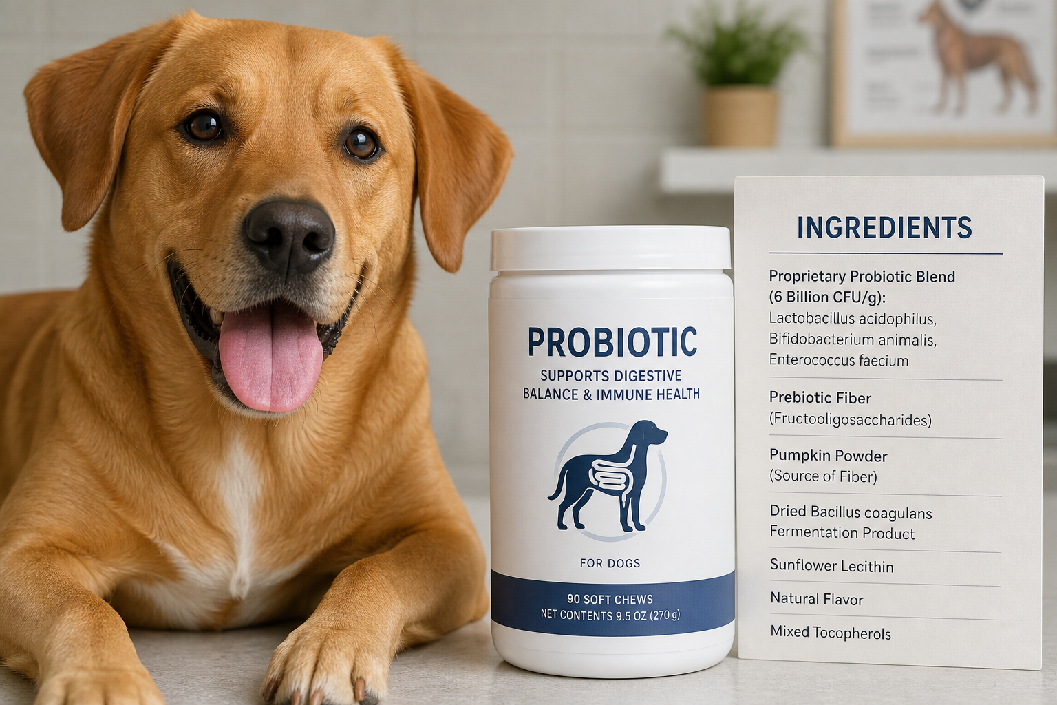 Dog sitting beside a probiotic supplement container on a clean surface