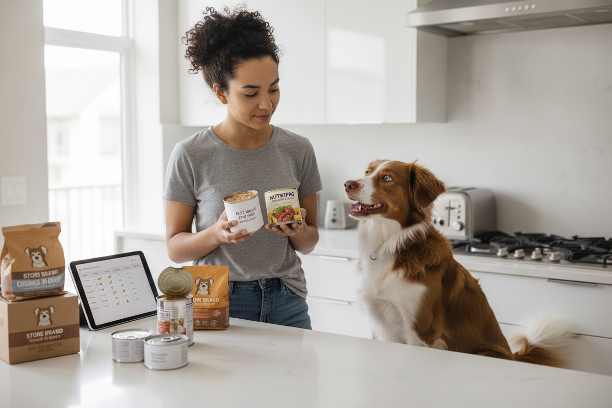 Woman comparing pet food cans to find cheapest options for her happy dog in a modern kitchen