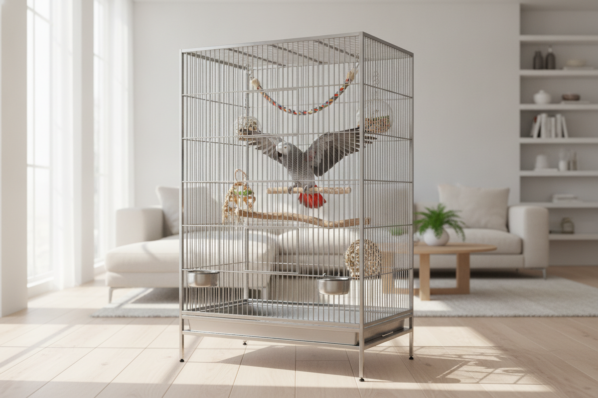 Large bird cage with toys and a free bird stretching its wings in a bright living room