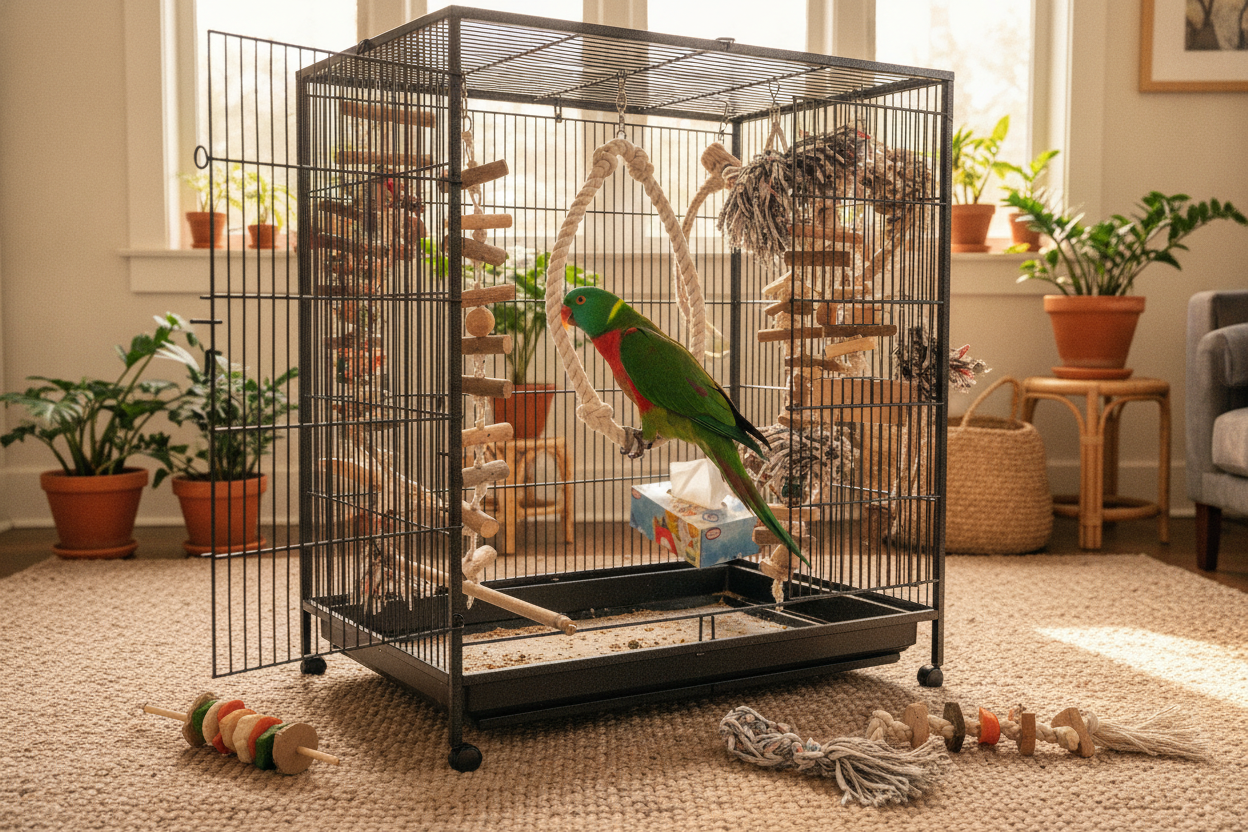 Large free bird enjoying toys and perches in a spacious bird cage for a happy home environment