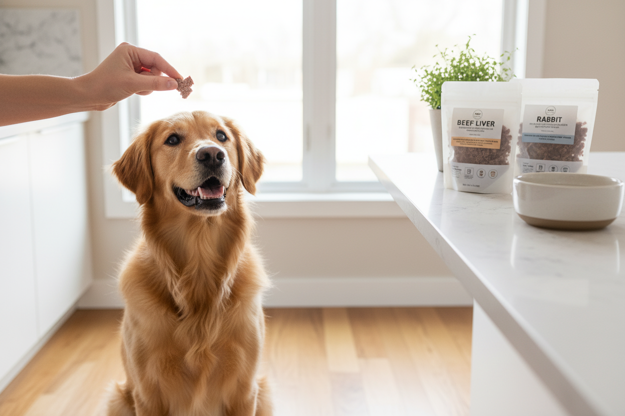 Golden retriever eagerly waiting for freeze-dried dog treats during positive training at home
