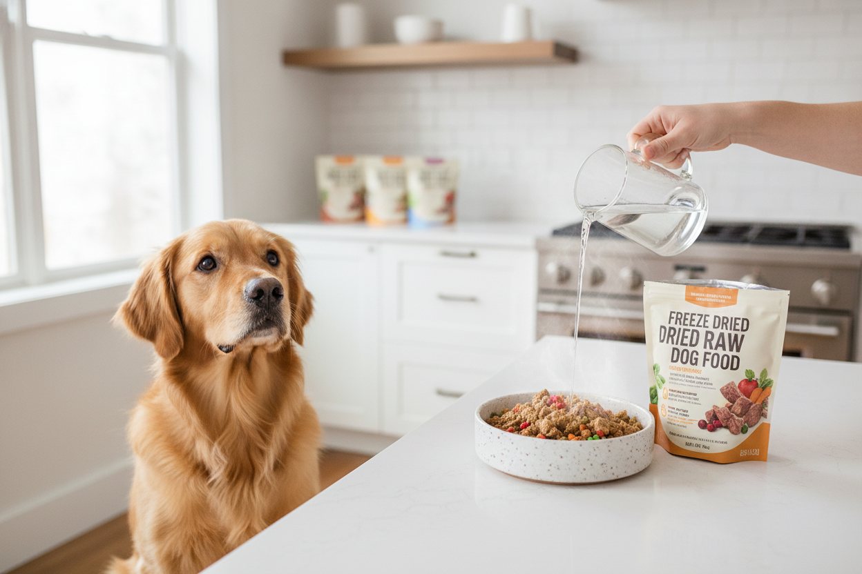 Golden retriever waiting for freeze dried raw dog food as water is added for a nutritious meal