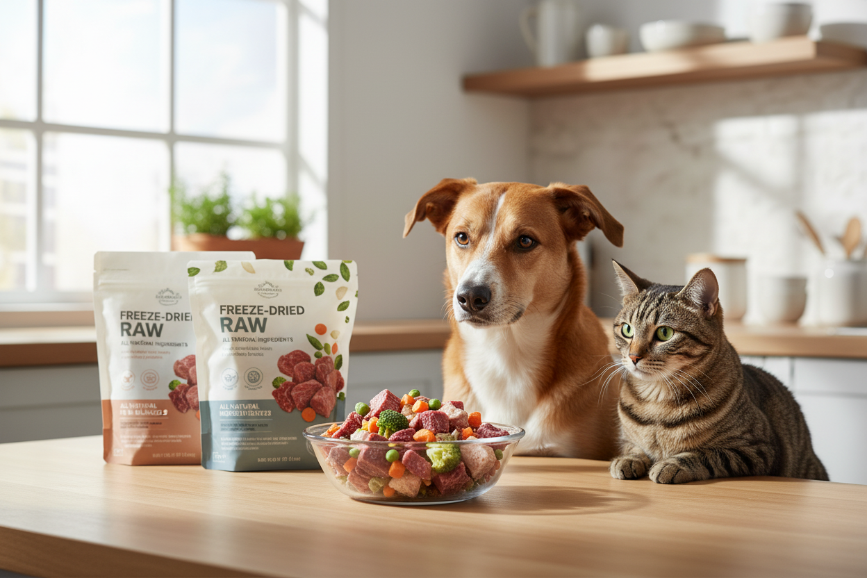 Dog and cat in kitchen with freeze-dried raw pet food, showcasing healthy mealtime options for pets