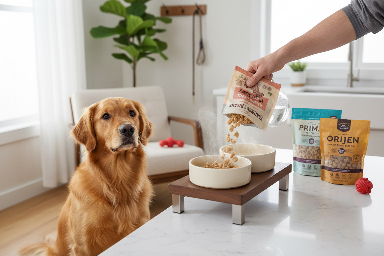 Golden retriever waiting as best freeze dried dog food is served in a modern kitchen setting