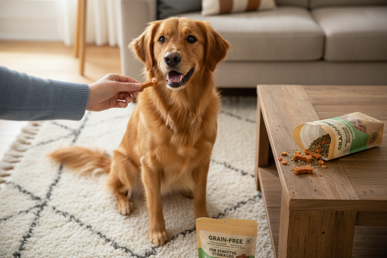 Happy dog enjoying grain-free dog treats for sensitive stomach on a cozy living room rug