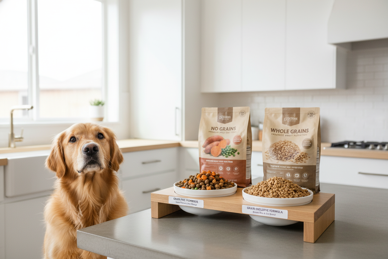 Golden retriever comparing grain-free vs grain-inclusive dog food options in a modern kitchen setting
